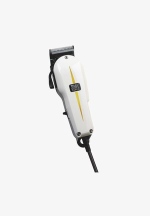 Wahl Super Taper haarknipmachines, witte kunststof behuizing met een gele streep, verstelbaar mes, zwarte stroomkabel en een compact ontwerp.