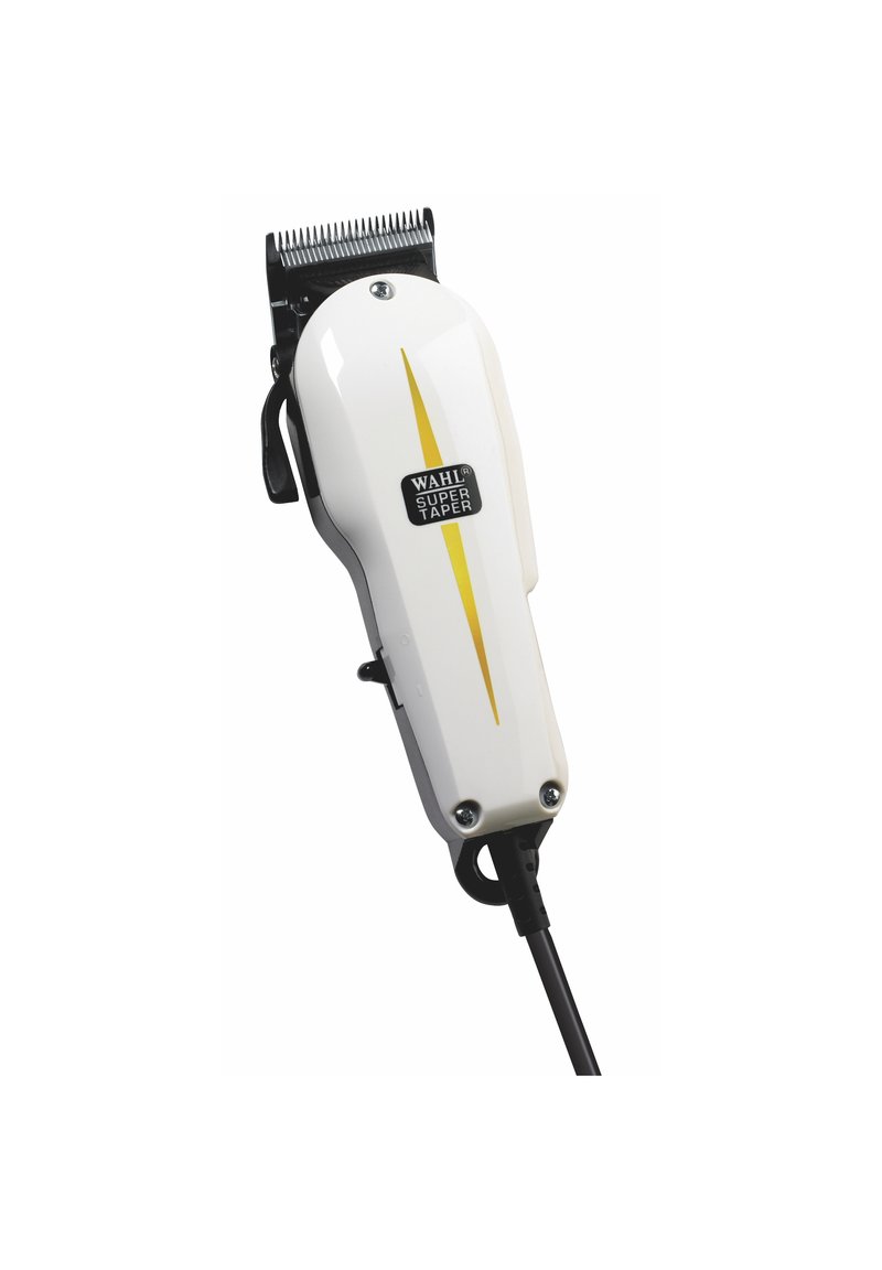 Wahl Super Taper haarknipmachines, witte kunststof behuizing met een gele streep, verstelbaar mes, zwarte stroomkabel en een compact ontwerp.