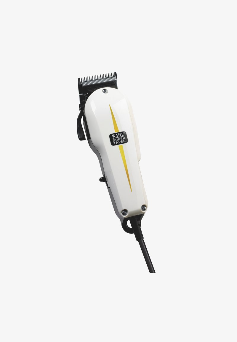 Wahl Super Taper haarknipmachines, witte kunststof behuizing met een gele streep, verstelbaar mes, zwarte stroomkabel en een compact ontwerp.