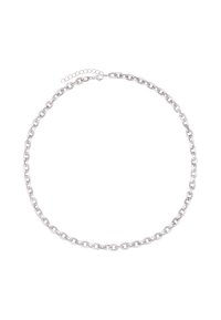 Collana in acciaio argentato con grandi anelli ovali interconnessi, rifiniti a specchio e dotata di una piccola chiusura regolabile sul retro.
