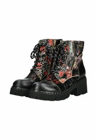 Schwarze und blumenmusterte Ankle Boots mit glänzender Oberfläche, ausgestattet mit Schnürsenkeln, einem seitlichen Reißverschluss und einer kräftigen Plattformsohle.