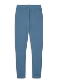 Pantaloni jogger in cotone blu con vita elasticizzata e gambe affusolate; texture liscia e polsini arricciati alle caviglie.