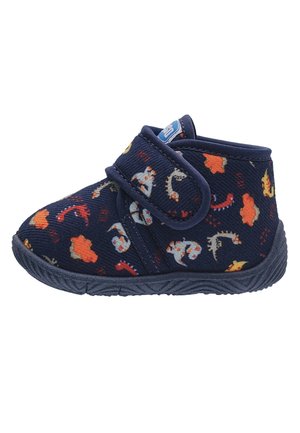 Zapato para niño pequeño de color azul marino con patrones coloridos de dinosaurios y volcanes, con una tira de velcro y suela texturizada para mayor agarre.