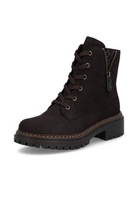 Bottine noire à lacets avec fermeture éclair latérale, semelle épaisse à crampons et détails cousus sur cuir lisse.