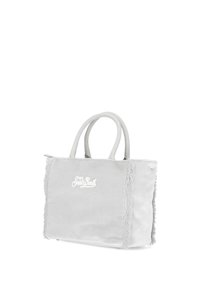 Sac fourre-tout en tissu gris avec deux anses, présentant des bords à franges et un logo blanc brodé à l'avant. Matière texturée et forme rectangulaire.