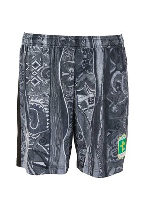 Black and gray patterned shorts with an elastic waistband. Features an emblem on the lower right leg, showcasing intricate designs.