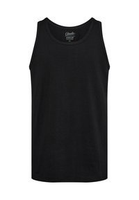 Sort bomulds tanktop med rund halsudskæring og brede ærmegab. Glat struktur og enkelt design, velegnet til hverdagstøj.