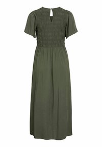 Rohelise oliivi tooni midi kleit lühikeste padjavarrukatega, kogutud smock-detailiga ülakehaosaga, võtmeaugutega seljaga ja voolava seelikuga.