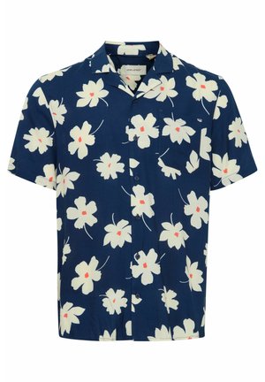 Trumpas rankovėmis tamsiai mėlynas marškinys su baltu gėlių raštu ir raudonomis detalėmis, pagamintas iš lengvos medžiagos; turi mygtukų užsegimą priekyje ir krūtinės kišenę.