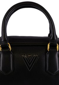 Borsa a mano nera in pelle con due manici arrotondati, accessori in metallo dorato, logo in rilievo e texture liscia. Design rettangolare compatto.