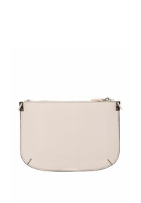 Pochette sintetica beige con una texture liscia, caratterizzata da una chiusura a zip nera e dettagli in hardware color oro. Bordo arrotondato.