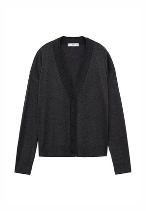 Dark gray cardigan with a V-neck, long sleeves, and six-button closure down the front. Made from a soft, textured fabric.
