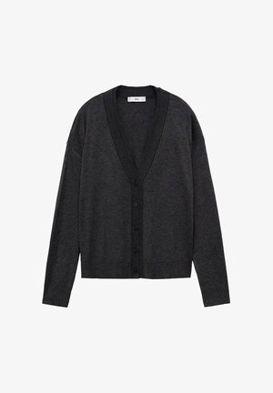 Dunkelgrauer Cardigan mit V-Ausschnitt, langen Ärmeln und sechs Knöpfen vorne. Hergestellt aus einem weichen, strukturierten Stoff.