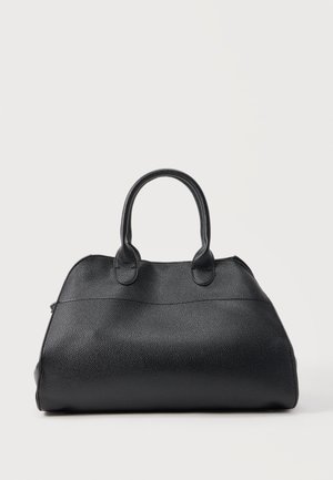 Black textured leather handbag with two rounded handles, structured shape, and smooth finish, shown against a plain light background.