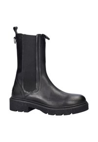 Zwarte leren enkellaarzen met elastische zijkanten, ronde neus, textuurrubber zool en een treklipje aan de achterkant voor gemakkelijk aan- en uittrekken.