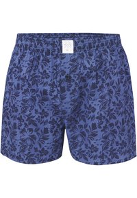 Boxer shorts bleus pour homme en tissu léger, avec un motif floral sombre, une taille élastique et une fermeture à un bouton.
