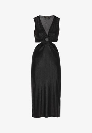 Must mustriga kleit, millel on sügav V-kaelus ja keskne sõlm, valmistatud läikivast tekstureeritud kangast, mis ulatub põlvini.