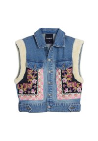 Jeansweste mit Pelzbesatz, ausgestattet mit zwei bestickten Blumen-Taschen in lebhaften Farben auf dunklem Hintergrund, Knopfleiste und ohne Ärmel.