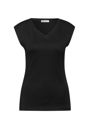 Černý top bez rukávů s výstřihem do V a dvěma malými knoflíky pod výstřihem, označený "Street One".