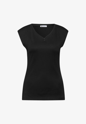 Schwarzes ärmelloses Oberteil mit V-Ausschnitt und zwei kleinen Knöpfen unterhalb des Halsausschnitts, mit dem Etikett "Street One".