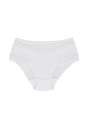 Hvide bomulds trusser med høj talje og blonder trim langs linning og benåbninger. Blød tekstur med en glat, sømløs krop.