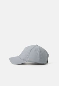 Grijze baseballpet van stof met een gebogen klep, geborduurde luchtopening en een subtiel logo aan de zijkant. Verstelbare band aan de achterkant.