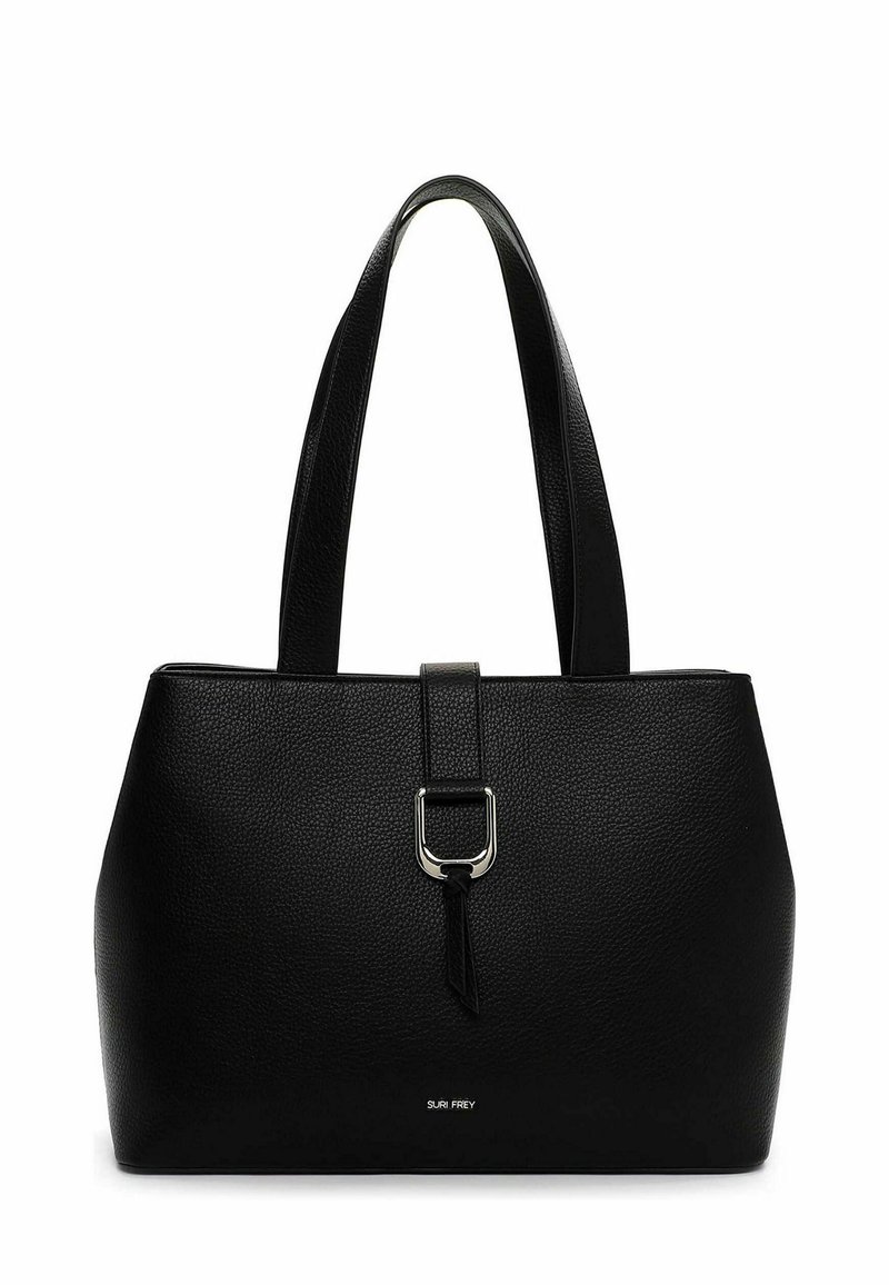 Bolso tote de piel negra texturizada con dos asas para el hombro, un detalle de hebilla en el frente y un logotipo sencillo en la base. Forma rectangular.