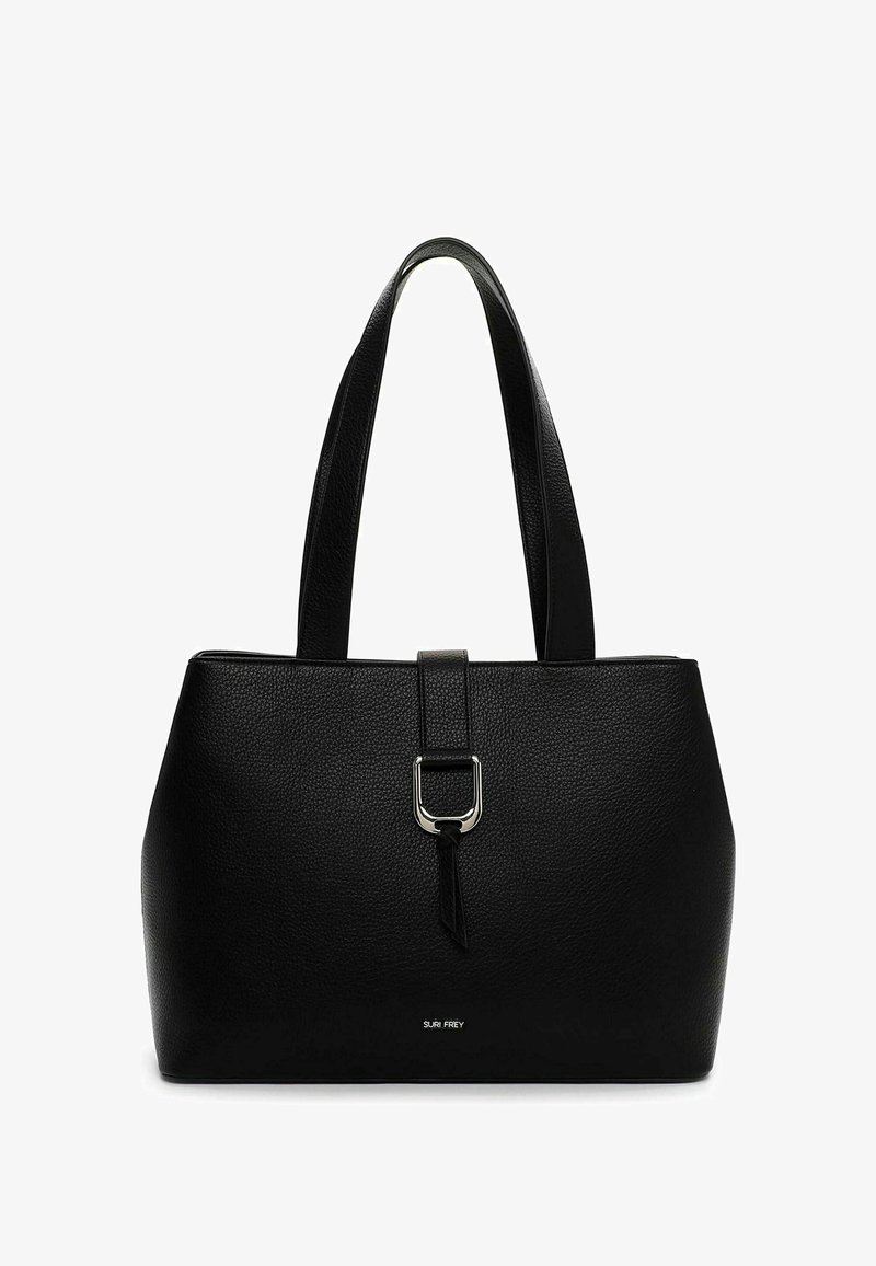 Zwarte leren draagtas met een gestructureerd oppervlak, dubbele schouderriemen, een gespenaccent aan de voorkant en een eenvoudig logo aan de onderkant. Rechthoekige vorm.