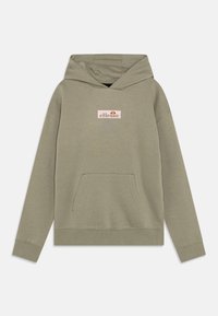 Olivgrön hoodie i mjukt material med en framficka i kängurustil, ribbade manschetter, huva med dragsko och en påsydd logotyp.