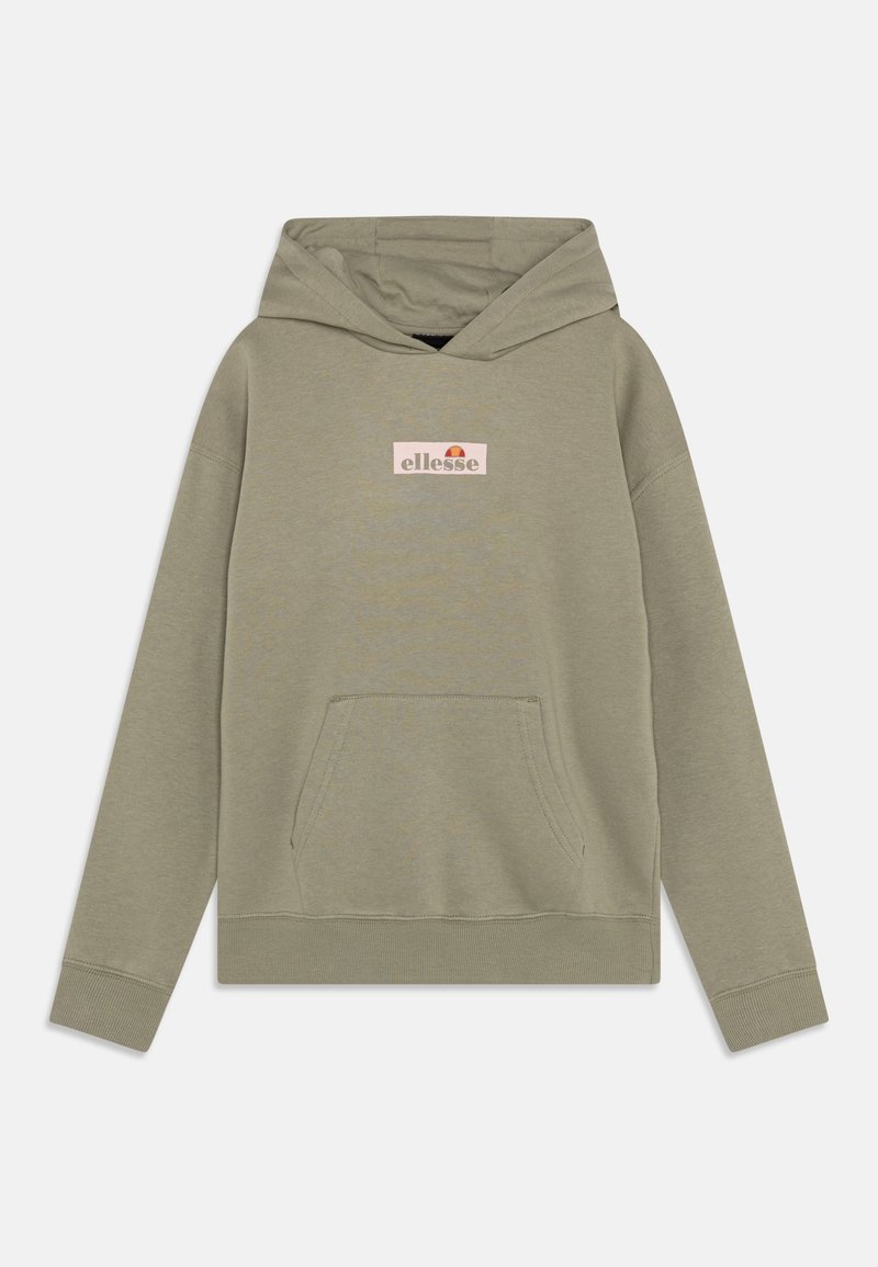 Olivgrön hoodie i mjukt material med en framficka i kängurustil, ribbade manschetter, huva med dragsko och en påsydd logotyp.
