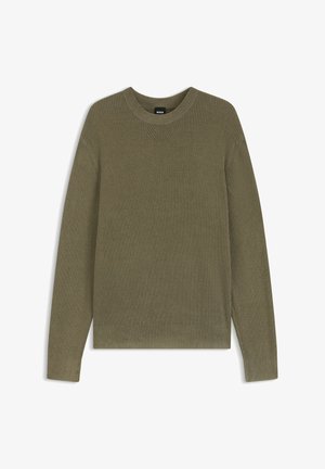 Olive green knitted sweater with a round neckline, ribbed texture, and long sleeves. Features a subtle V-shaped detail on the chest.