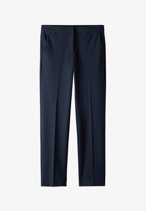 Navy trousers made of smooth fabric, featuring a straight-leg design, two side pockets, and a flat waistband. No visible hardware or patterns.