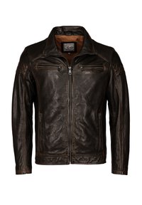 Donkere bruine leren jas met een ritssluiting aan de voorkant, twee borstzakken met rits, twee zijzakken met rits, gewatteerde schouders en een korte opstaande kraag.