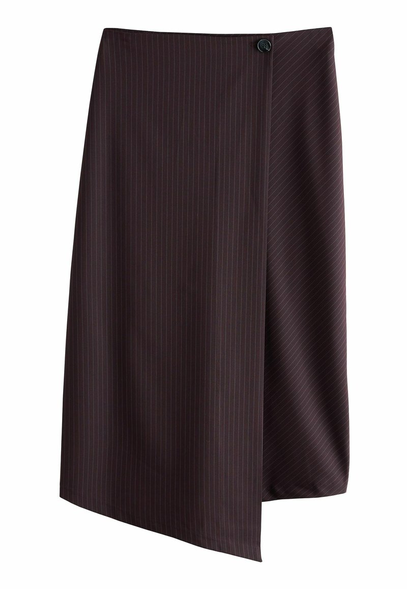 Donkerpaarse rok met verticale streepjes, met een diagonale wikkelontwerp en een knoopsluiting in de taille. Soepele textuur en zachte stof.