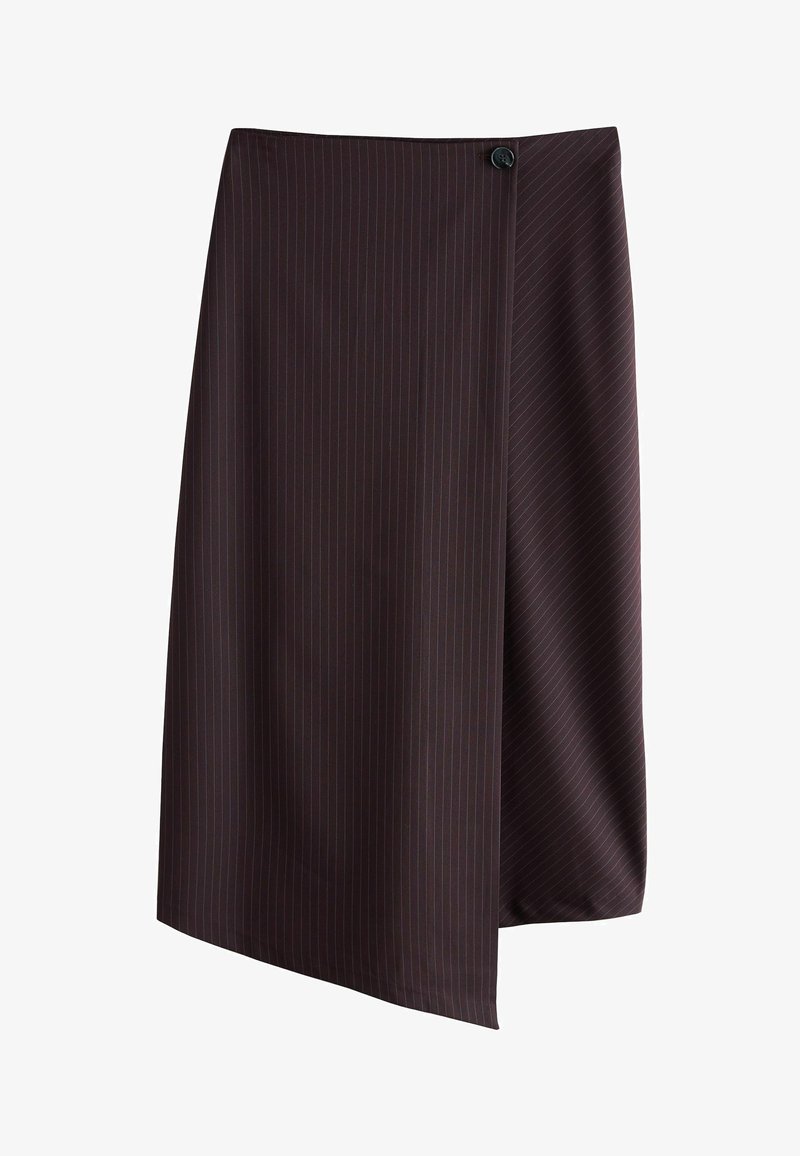 Donkerpaarse rok met verticale streepjes, met een diagonale wikkelontwerp en een knoopsluiting in de taille. Soepele textuur en zachte stof.