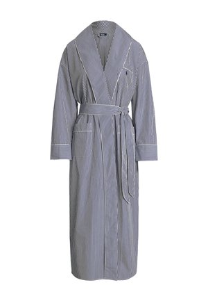 Niebiesko-biały, pionowo prążkowany, długi szlafrok z szerokim kołnierzem, długimi rękawami, wiązanym paskiem w talii oraz przednimi naszywanymi kieszeniami.