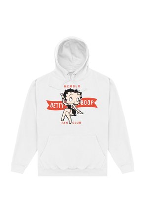 Biała bluza z kapturem z grafiką Betty Boop oraz czerwoną wstążką z napisem "CZŁONKOWIE KLUBU FANÓW BETTY BOOP", zawierająca przednią kieszeń.