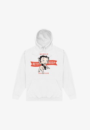 Biała bluza z kapturem z grafiką Betty Boop oraz czerwoną wstążką z napisem "CZŁONKOWIE KLUBU FANÓW BETTY BOOP", zawierająca przednią kieszeń.