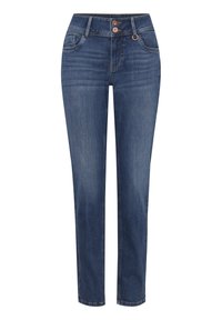 Vaqueros de denim azul oscuro con corte recto, dos bolsillos frontales, dos bolsillos traseros y un cierre de doble botón en la cintura.