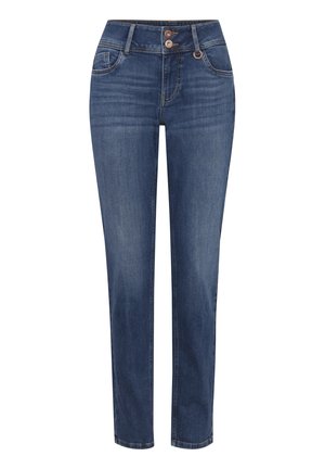Mörkblå denimjeans med rak benklippning, två framfickor, två bakfickor och dubbelknäppning i midjan.