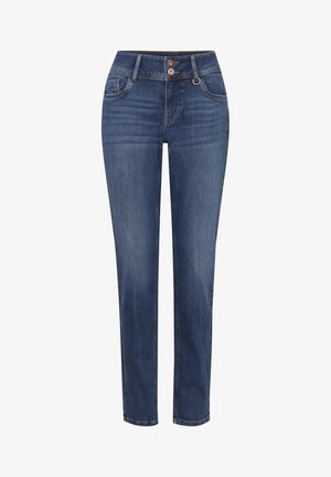 Dark blue denim jeans with a straight-leg cut, two front pockets, two back pockets, and a double-button closure at the waist.