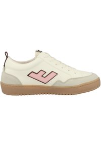 White leather sneakers with a pink and brown logo, a tan rubber sole, and a mix of smooth and textured surfaces. Classic lace-up design.