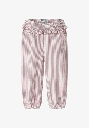 Pink and white vertical striped toddler pants with elastic waist, ruffle detail at top, and elastic cuffs at ankles.
