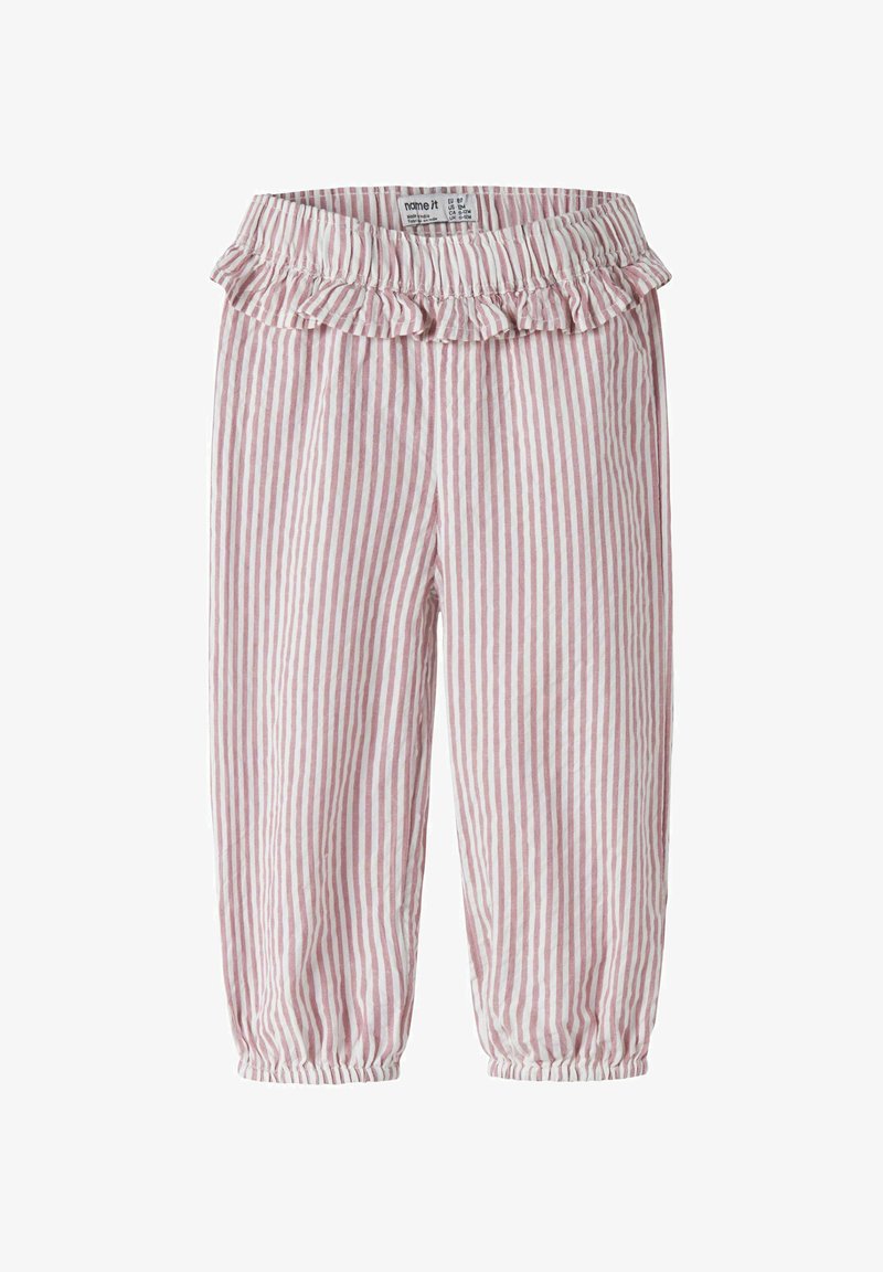 Pantalon pour tout-petit à rayures verticales roses et blanches, taille élastique, détail à volants en haut et poignets élastiques aux chevilles.