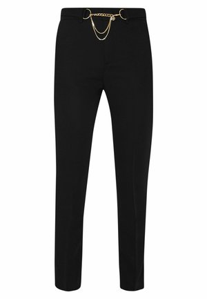 Pantaloni neri su misura in tessuto morbido, dotati di un accessorio cintura in catena dorata, slim fit, con passanti per la cintura e un design classico.