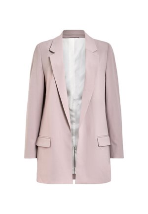 Light pink blazer with a tailored design, long sleeves, notched lapels, and side pockets. Open front reveals a satin lining.