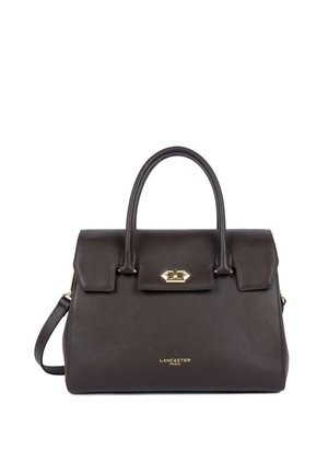 Sac à main en cuir marron foncé avec deux poignées, fermeture à boucle dorée et logo "Lancaster Paris" doré sur le devant.