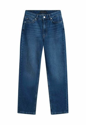 Jean en denim bleu foncé avec une coupe droite, cinq poches, fermeture à boutons à l'avant et un léger délavage le long des cuisses.