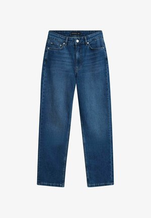 Donkerblauwe denim jeans met een rechte pijpen, vijf zakken, een knoopsluiting aan de voorkant en subtiele vervagingen langs de dijen.