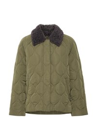Giacca imbottita verde oliva con colletto in pelliccia sintetica grigio scuro e fit rilassato. Presenta dettagli di cuciture decorative su tutta la superficie.